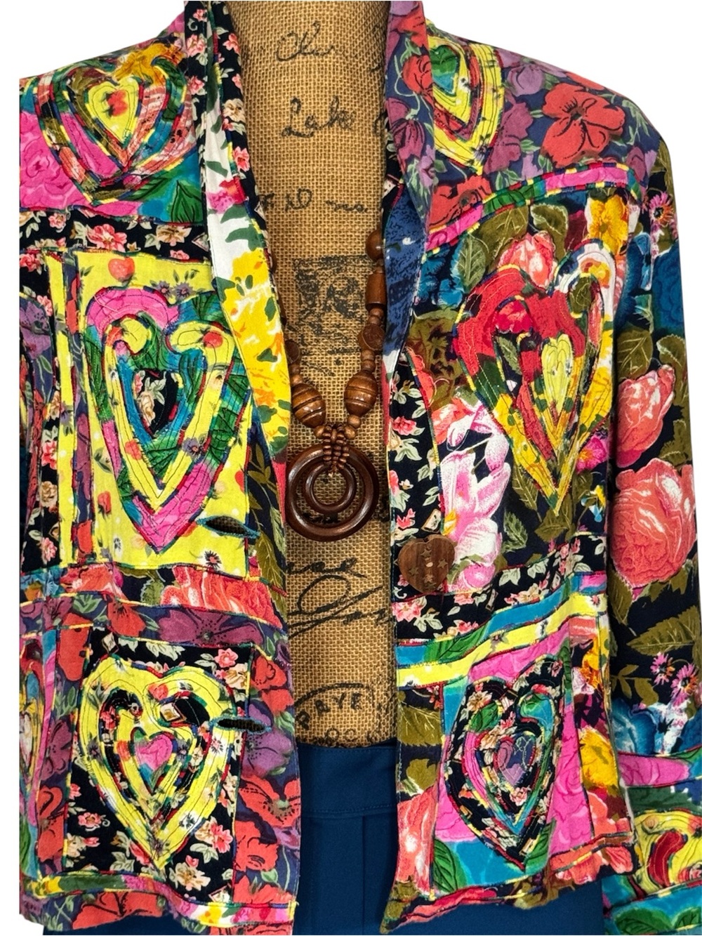 Sandy Starkman Heart Motif Floral Patchwork Jacket Blazer Large 1 Button Granny - Picture 2 of 9
